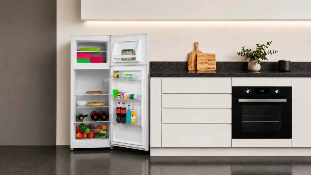 Visão interna da Geladeira EOS 240 Litros Duplex ERV270 aberta mostrando a organização das prateleiras, congelador e gaveta de vegetais cheia de alimentos