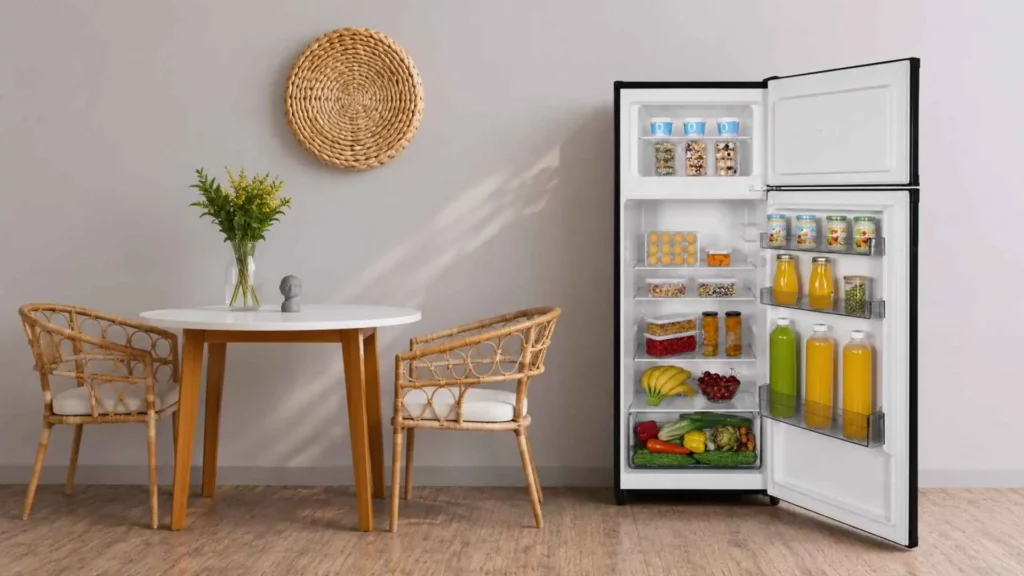 Geladeira EOS ERV250DP 230L duplex com as portas abertas mostrando a organização e as prateleiras internas do refrigerador e do freezer