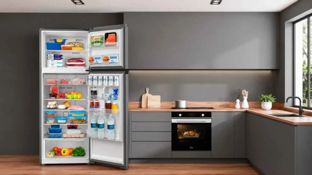 Interior amplo da Geladeira Frost Free Duplex 463L Midea aberta e organizada com diversos alimentos frescos e bebidas