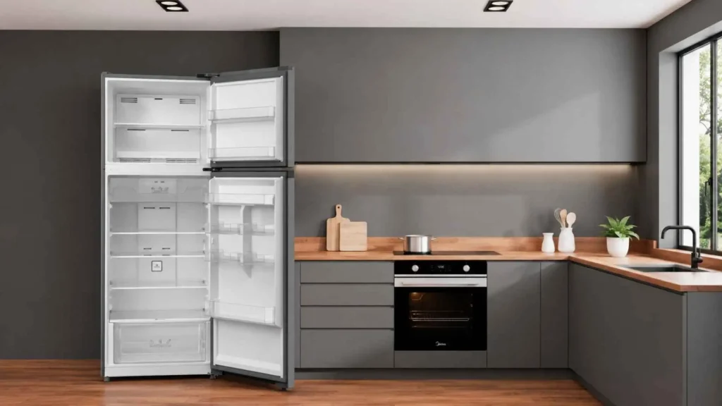 Divisórias e prateleiras internas vazias da Geladeira Frost Free Duplex 463L Midea com sistema de iluminação em LED ligado