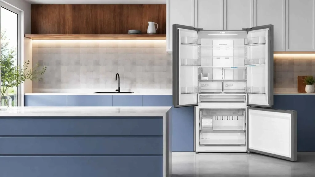 Estrutura interna e divisórias da Geladeira Frost Free Multidoor 672L Midea vazia, mostrando prateleiras ajustáveis e a engenharia SPACE Master.