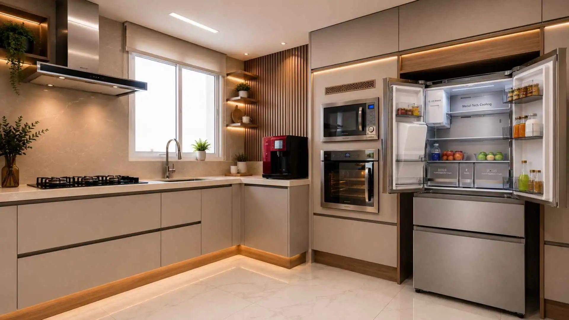 Geladeira Gorenje French Door GRF-49W em inox instalada em uma cozinha planejada moderna de alto padrão