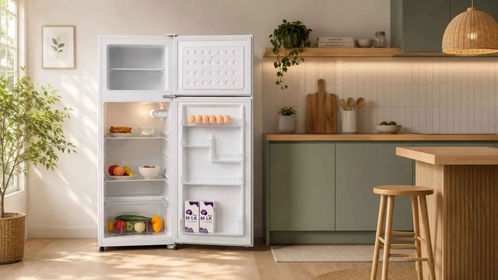 Geladeira HQ Defrost 230L HQ-230RDF aberta integrada ao armário de uma cozinha americana pequena com banqueta de madeira