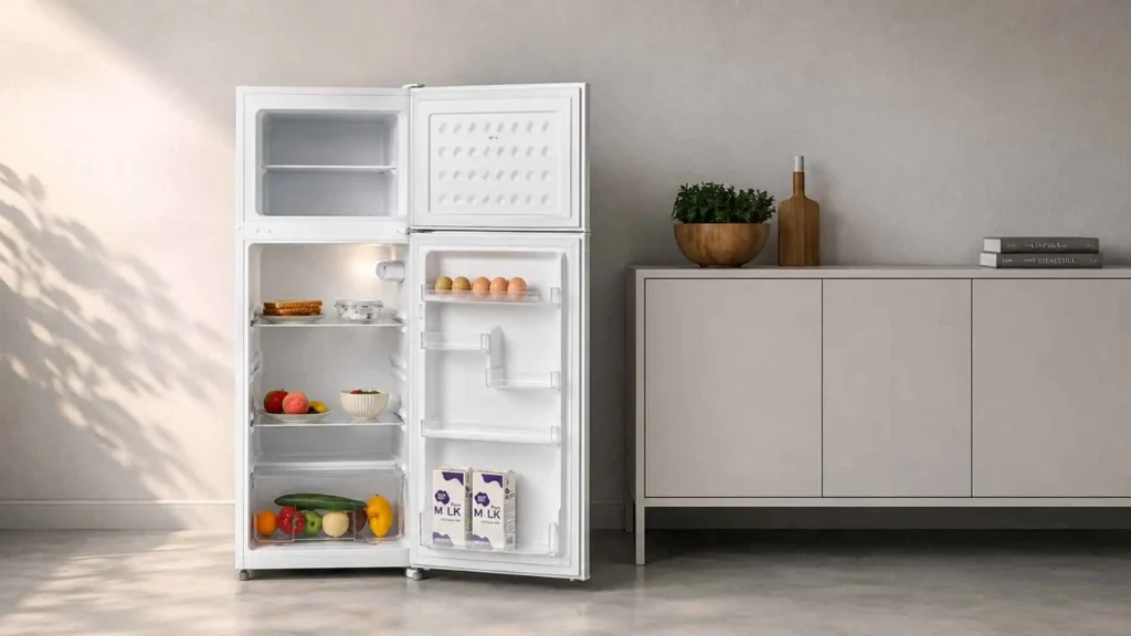 Geladeira HQ Defrost 230L HQ-230RDF aberta mostrando as prateleiras de vidro ajustáveis e o gavetão de legumes com alimentos