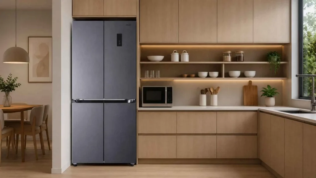 Visão frontal da Geladeira HQ Frost Free Inverter Multidoor 426L HQ-426MDFF fechada em uma cozinha com móveis de madeira clara