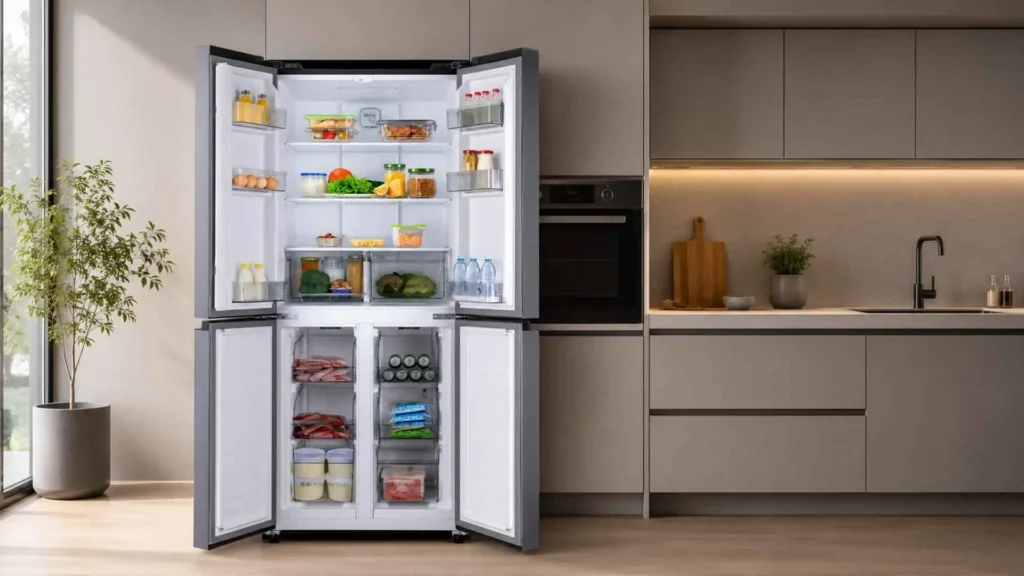 Espaço interno e prateleiras da Geladeira HQ Frost Free Inverter Multidoor 426L HQ-426MDFF aberta mostrando a organização do freezer e refrigerador