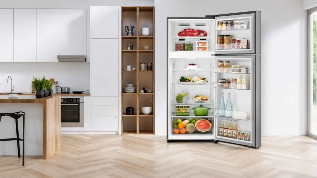 Visão interna da Geladeira LG Frost Free Inverter 375L aberta, exibindo as prateleiras de vidro temperado, gaveta de frutas e alimentos organizados