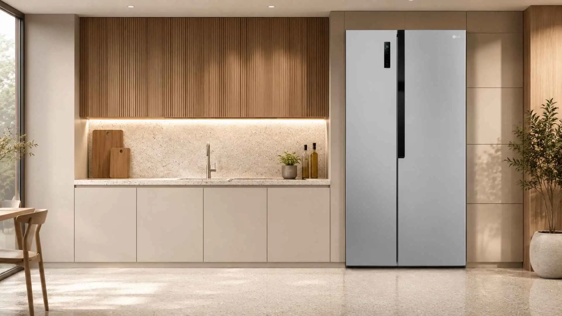 Geladeira LG Side by Side 519L instalada e perfeitamente alinhada com os armários de uma cozinha planejada moderna