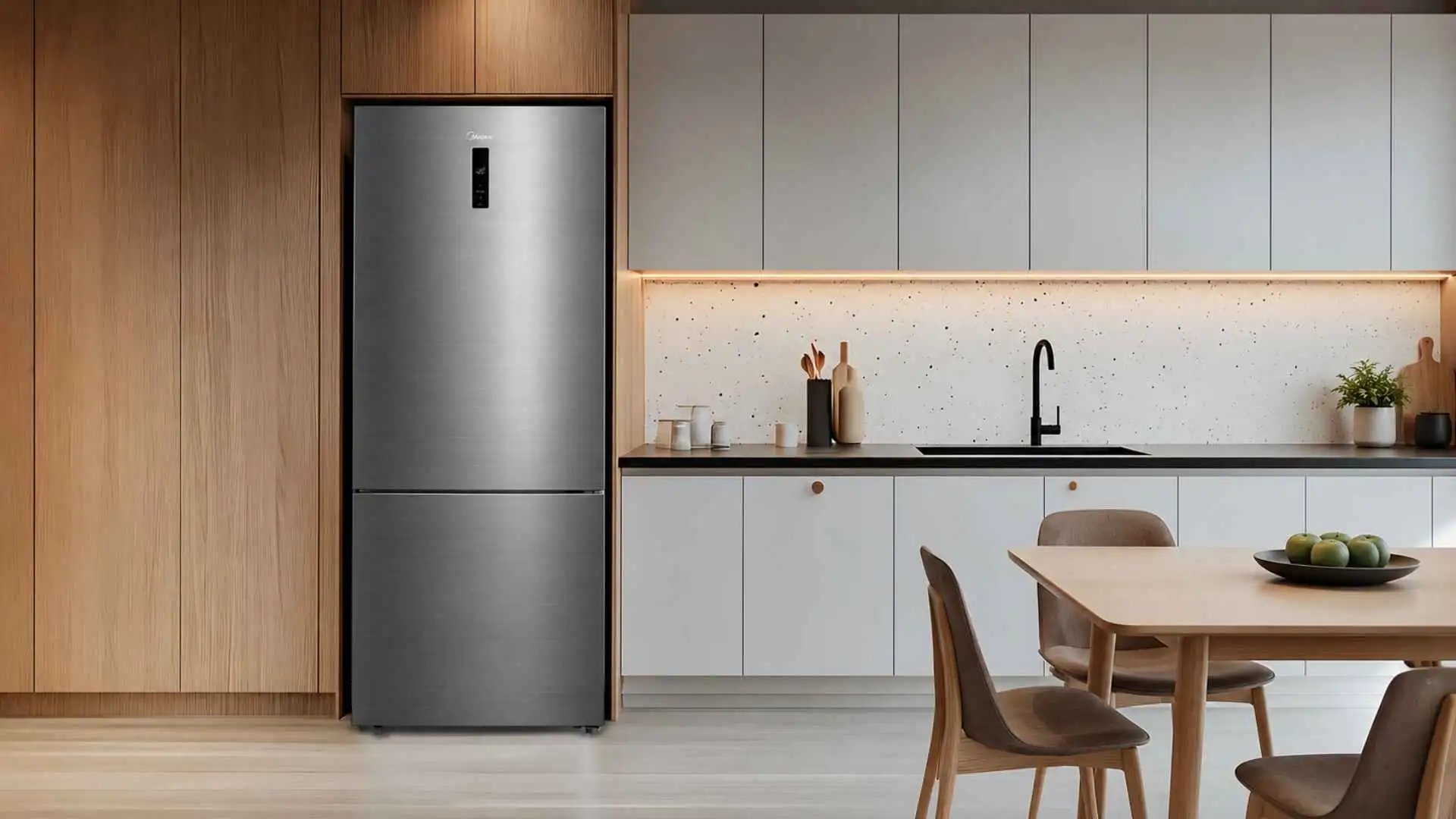 Geladeira Midea MDRB593FGD463 416L na cor inox com design Inverse instalada em uma cozinha planejada moderna