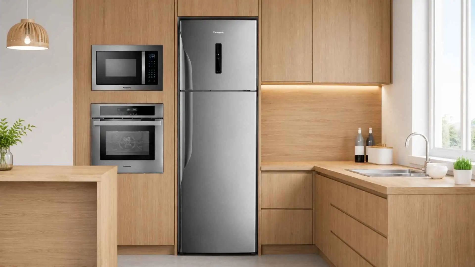 Geladeira Panasonic 387L BT41PD1X em inox instalada em uma cozinha planejada com armários de madeira clara