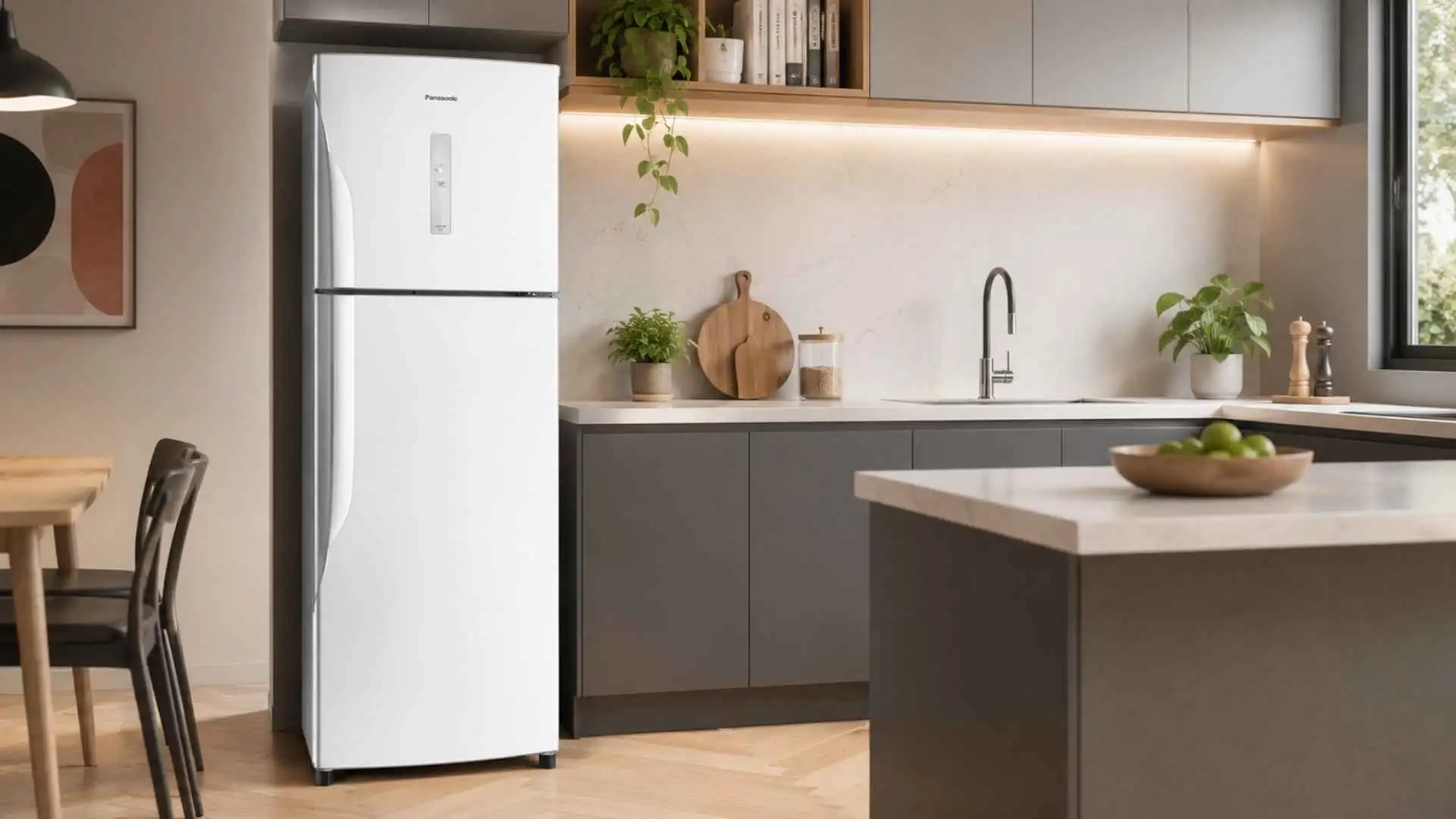 Geladeira Panasonic 391L NR-BT41PD2W Frost Free branca instalada em uma cozinha planejada