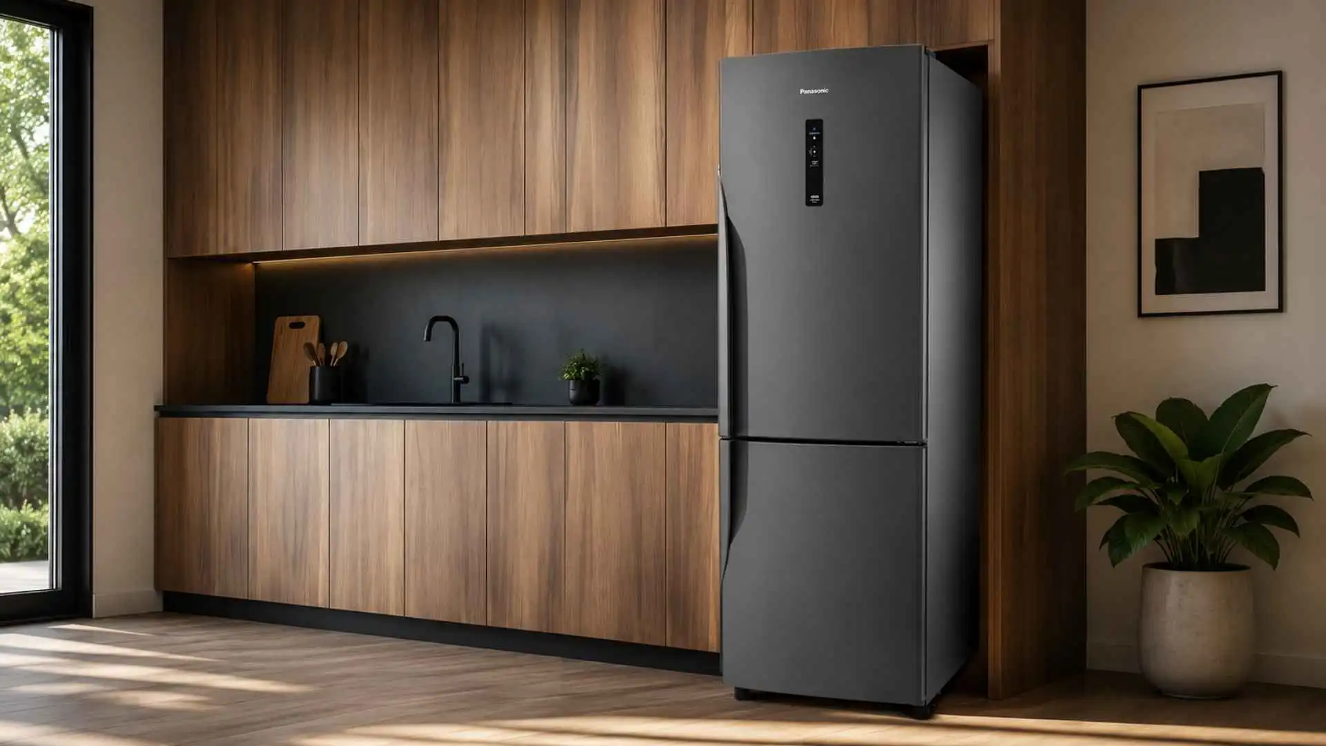 Visão lateral da Geladeira Panasonic 397L BB41 Titânio instalada em uma cozinha moderna com armários de madeira planejados