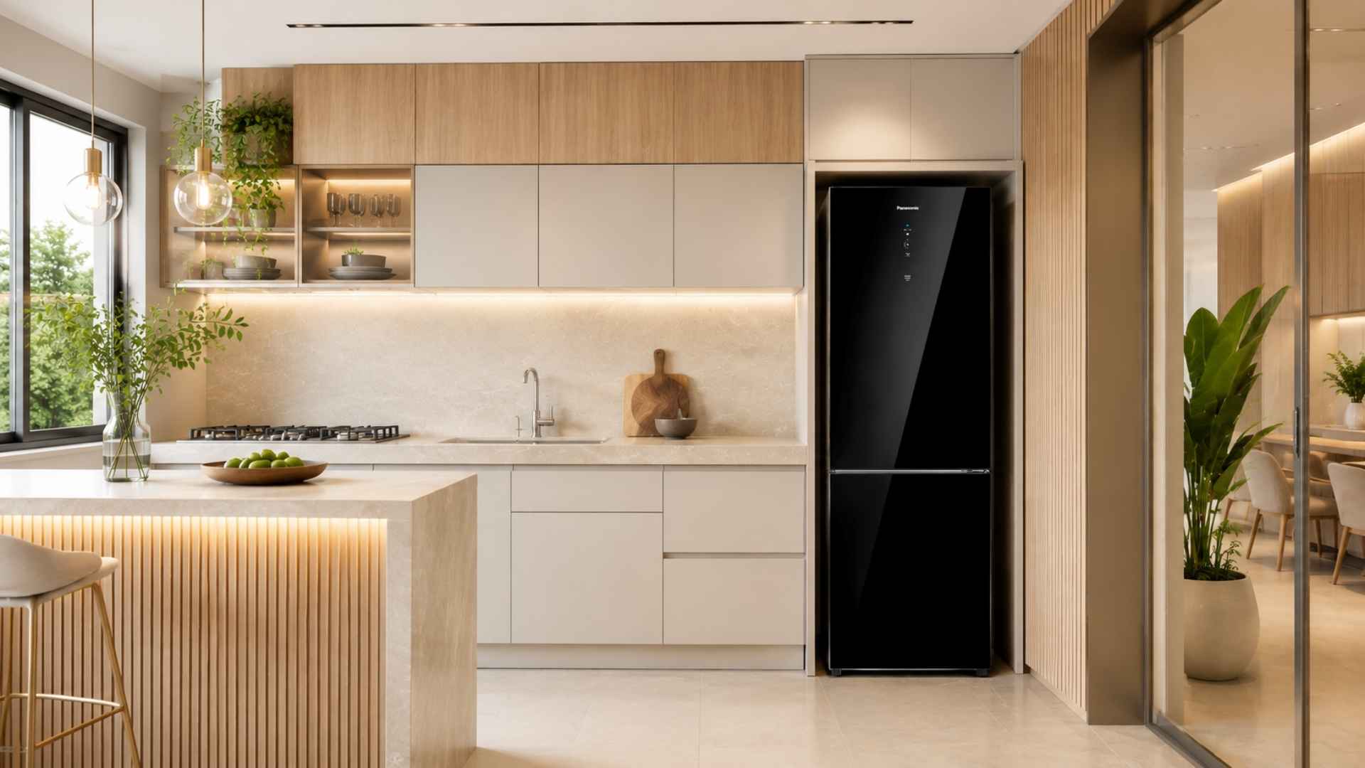 Geladeira Panasonic BB41 Black Glass 397L fechada integrada ao nicho de uma cozinha planejada moderna com iluminação embutida