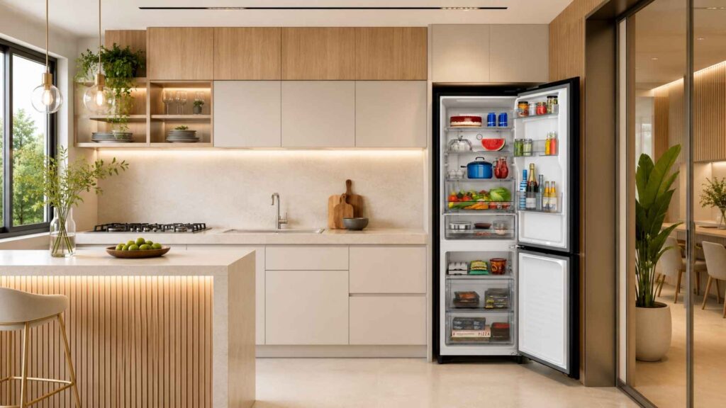 Visão interna da Geladeira Panasonic BB41 Black Glass 397L totalmente aberta mostrando a organização das prateleiras e gavetas do freezer inferior