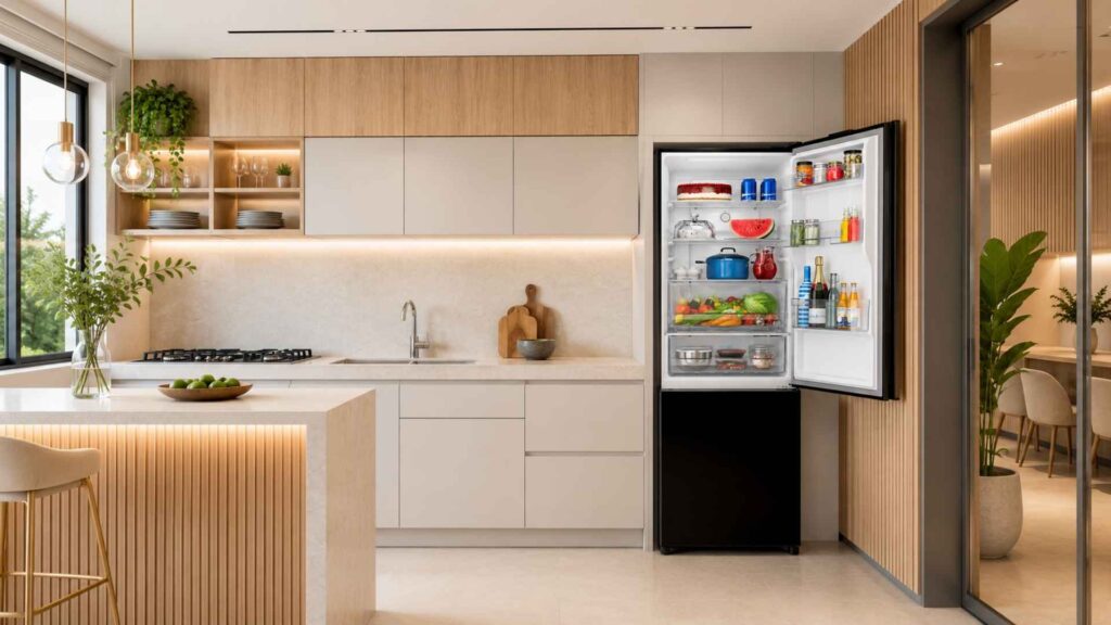 Porta superior aberta da Geladeira Panasonic BB41 Black Glass 397L destacando o compartimento de alimentos frescos e a gaveta Fresh Zone