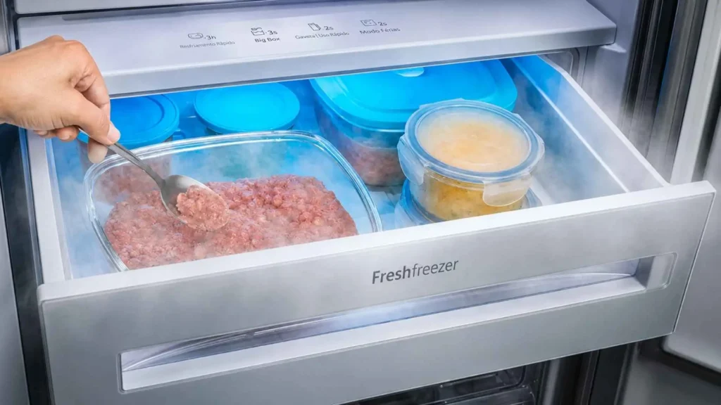 Detalhe interno da gaveta Freshfreezer aberta na Geladeira Panasonic BB71 480L mostrando o armazenamento de carnes e potes organizados