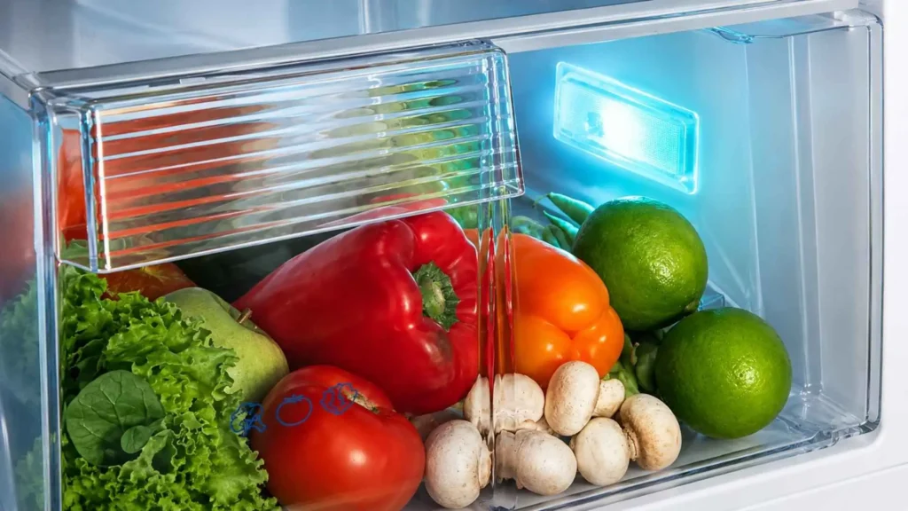 Gaveta Freshzone aberta com legumes e verduras iluminados por luzes de LED especiais na Geladeira Panasonic BB71 480L