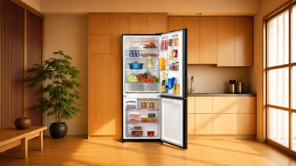 Geladeira Panasonic Black Glass BB65 467L aberta exibindo o espaço interno do refrigerador na parte superior e as gavetas do freezer na parte inferior