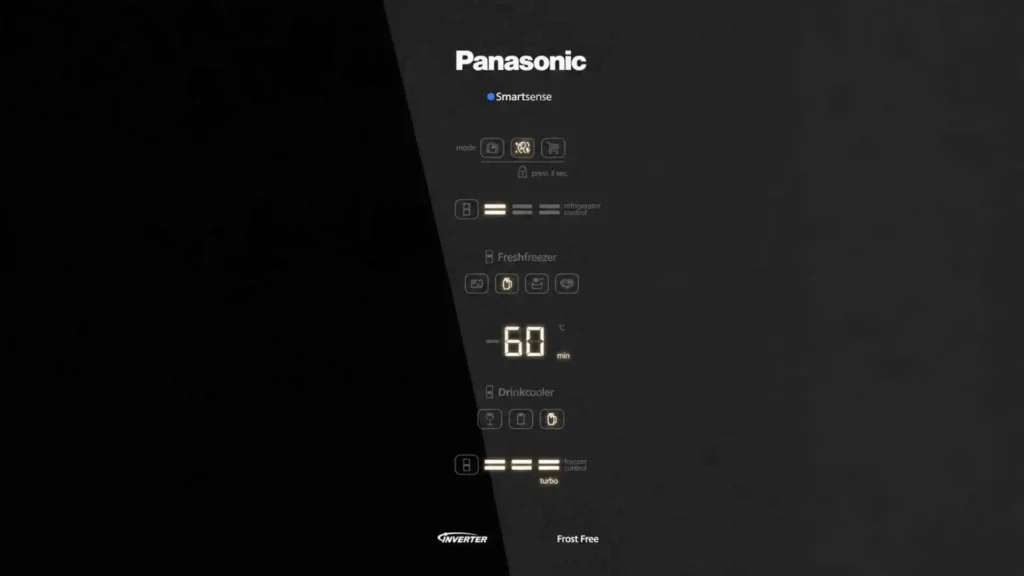 Painel Easy Touch em LED digital aceso na porta da Geladeira Panasonic Black Glass BB65 467L detalhando as funções de temperatura
