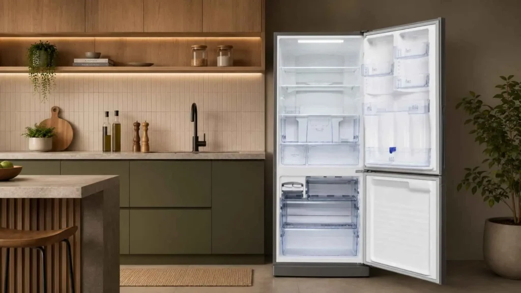 Visão interna da geladeira Panasonic Bottom Freezer BB64 totalmente aberta e vazia, mostrando a iluminação em LED e as prateleiras