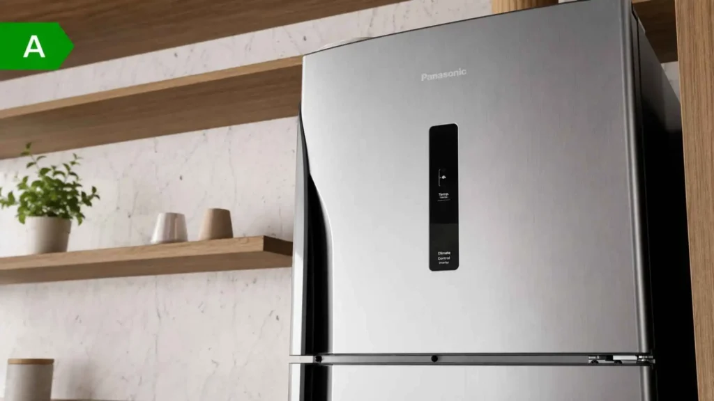 Detalhe aproximado do painel de controle e do acabamento premium em aço escovado da Geladeira Panasonic BT44