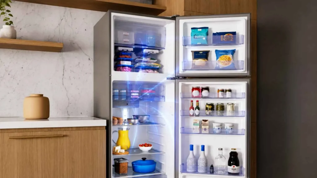 Visão interna da Geladeira Panasonic BT44 aberta e iluminada por LED, mostrando a organização das prateleiras e o tamanho do freezer