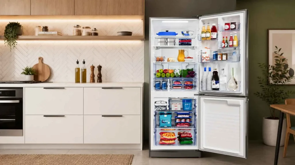 Geladeira Panasonic Inverter 475L BB64 aberta e abastecida com alimentos organizados nas prateleiras e congelados nas gavetas