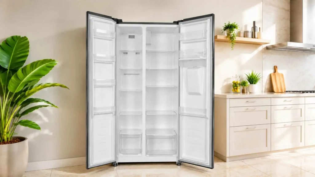 Visão interna da Geladeira Philco 434L PRF535ID aberta destacando as prateleiras de vidro temperado e iluminação LED