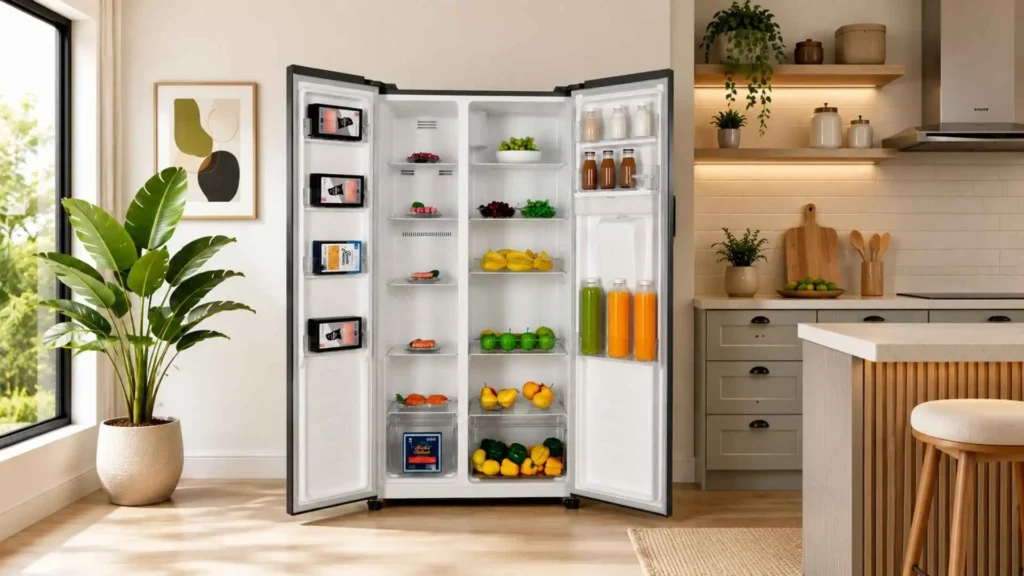 Geladeira Philco 434L PRF535ID organizada com alimentos, demonstrando a capacidade do freezer e do refrigerador