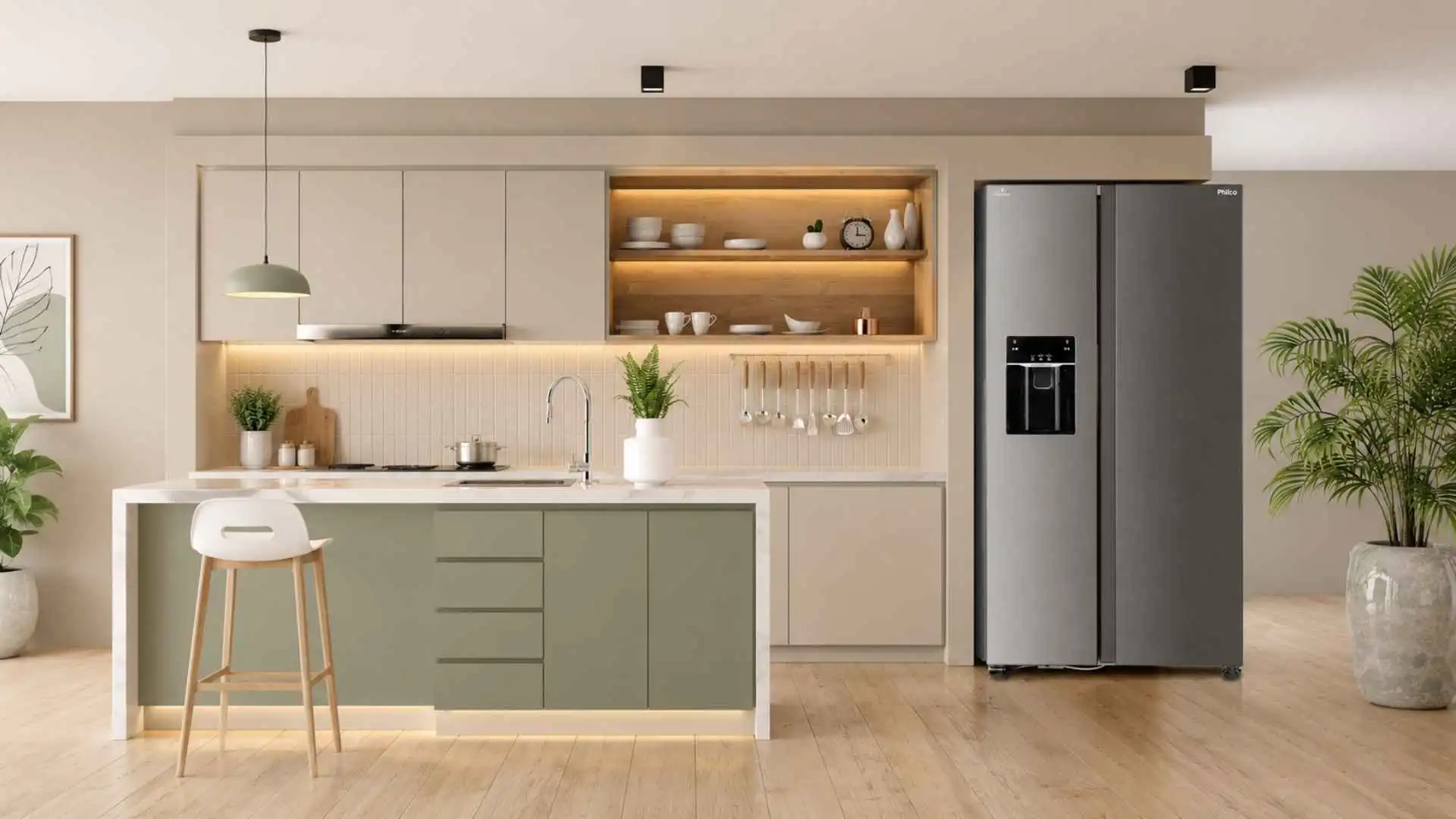 Geladeira Philco 513L PRF613ID em inox instalada em uma cozinha planejada moderna com iluminação embutida