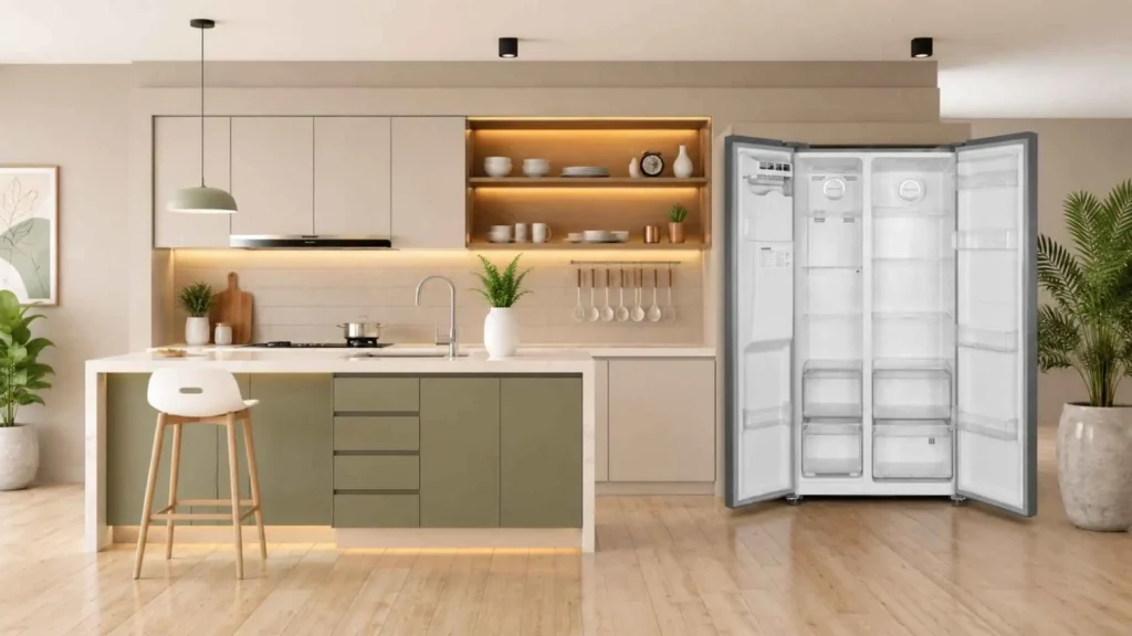 Geladeira Philco 513L PRF613ID com as duas portas abertas, exibindo a divisão interna do refrigerador e do freezer vertical