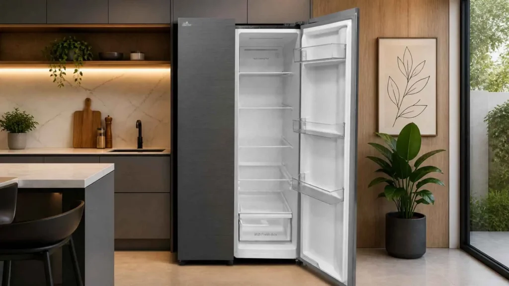Lado interno do freezer da Geladeira Philco PRF46C 460L aberto revelando prateleiras de vidro e gaveta