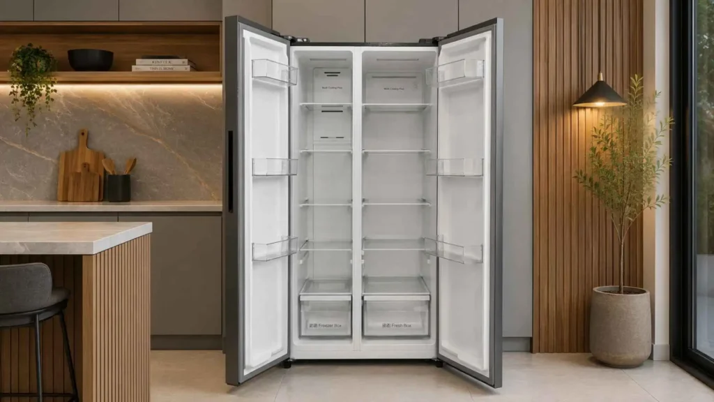 Geladeira Philco PRF46C 460L totalmente aberta mostrando o refrigerador e o freezer com prateleiras de vidro temperado