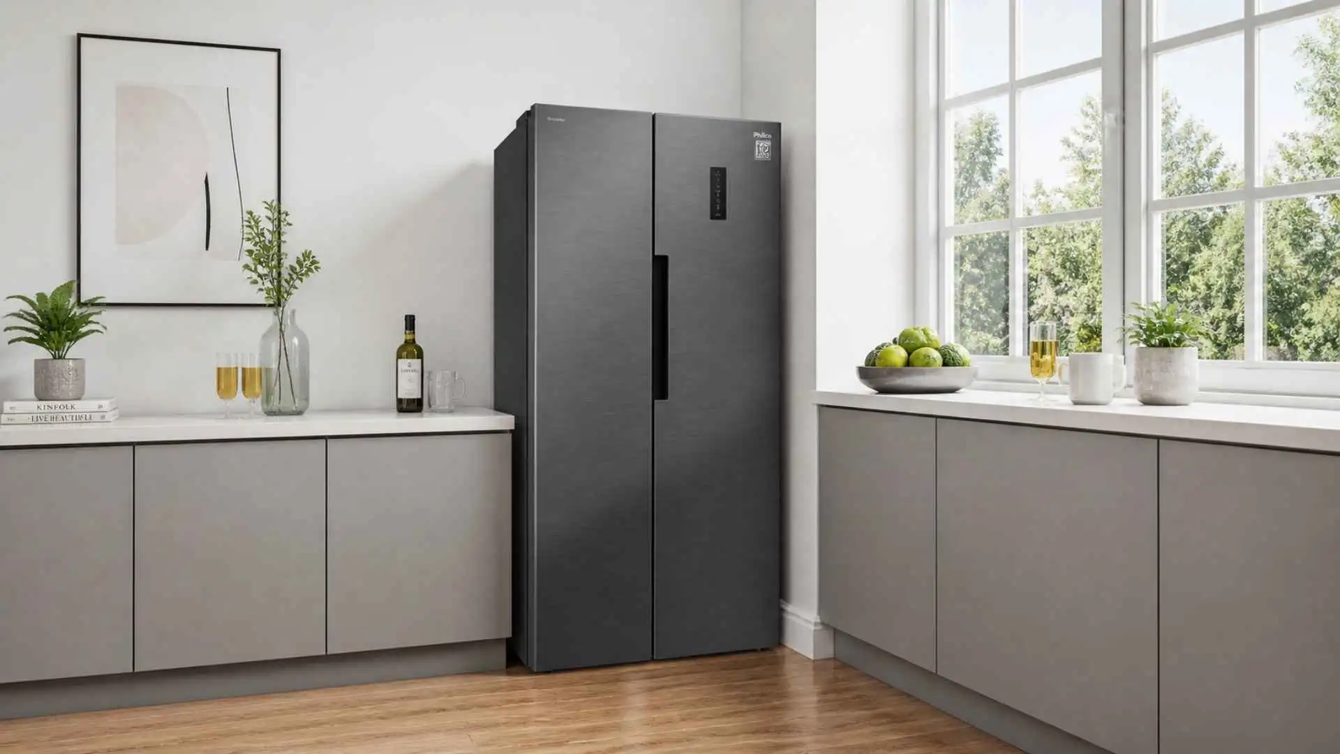 Geladeira Philco PRF46C 460L Side by Side Inox instalada em uma cozinha moderna com armários cinza
