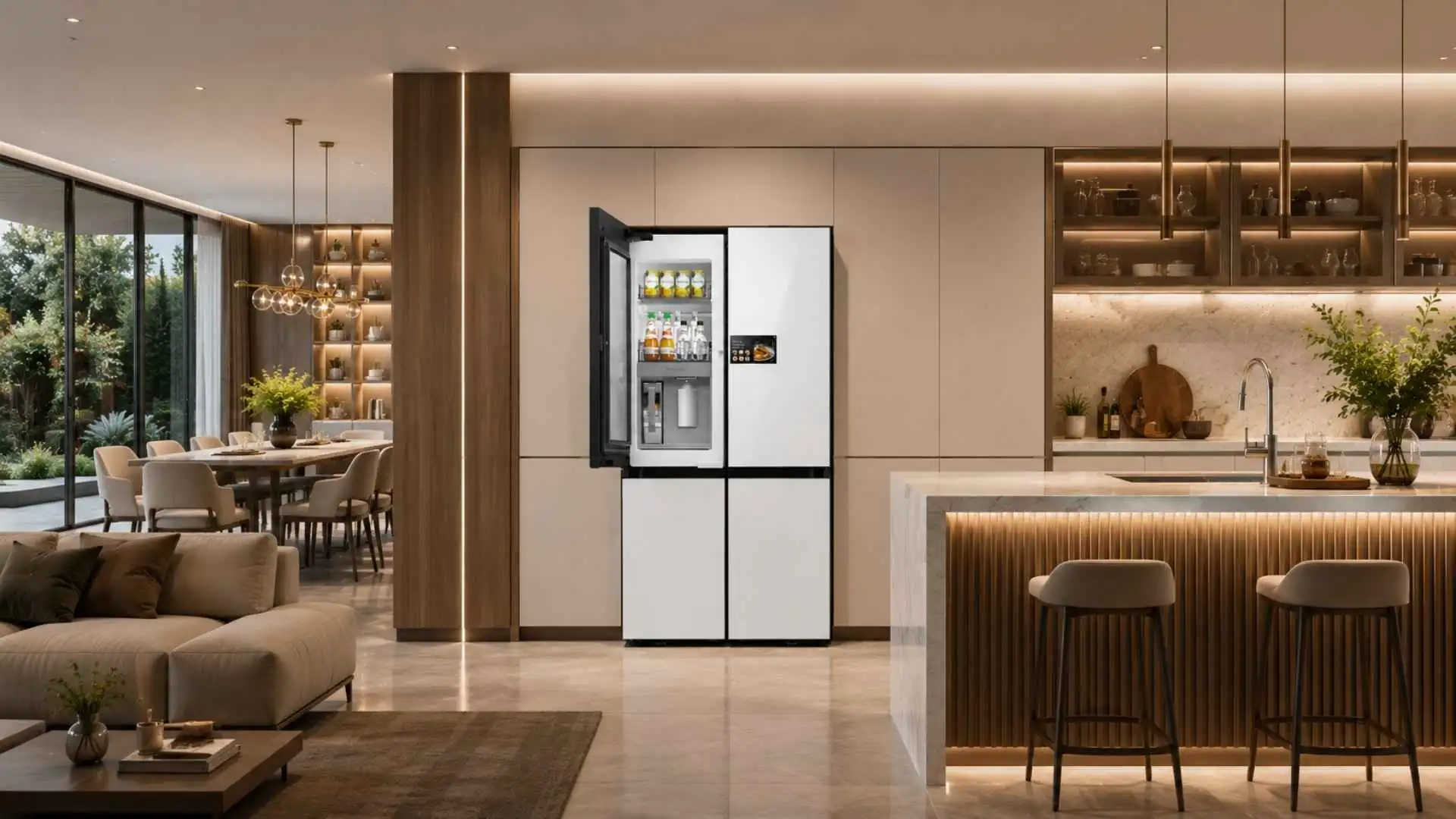 Geladeira Samsung Bespoke AI RM90F com uma das portas superiores semiaberta por meio do sensor de toque de abertura automática