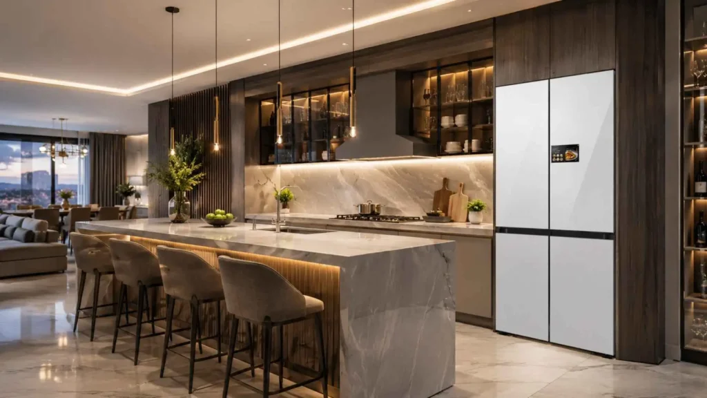 Geladeira French Door Samsung Bespoke AI RM90F Clean White instalada em uma cozinha planejada moderna com iluminação embutida
