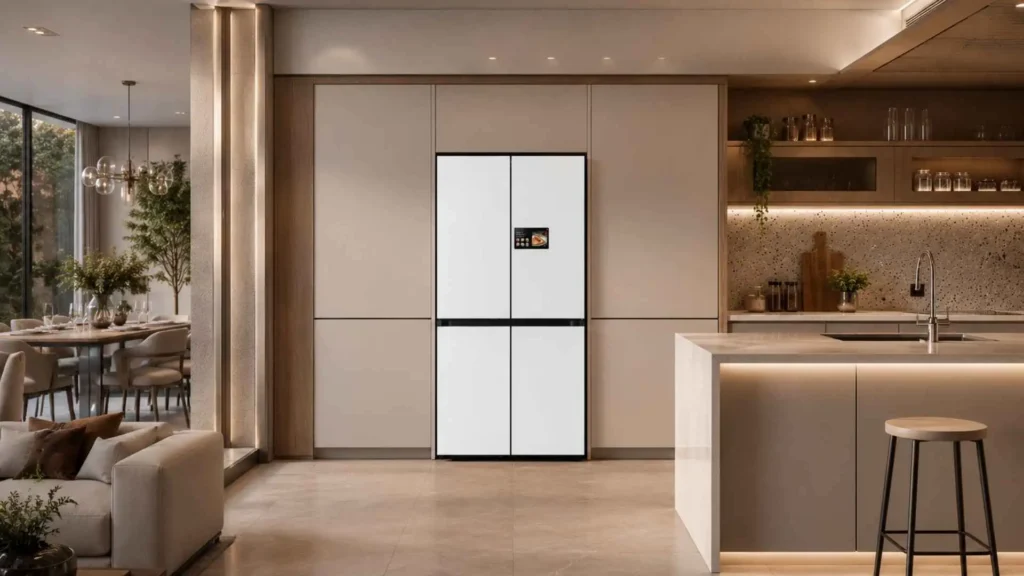 Visão frontal da geladeira inteligente Samsung Bespoke AI RM90F em acabamento de vidro branco com a tela touchscreen AI Home acesa