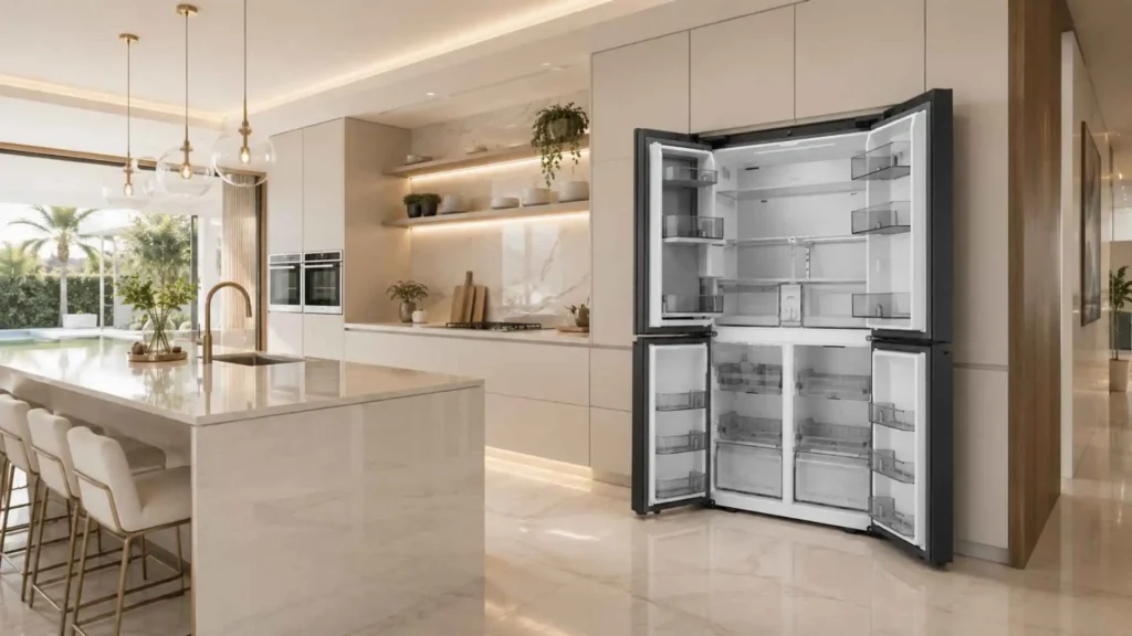 Interior da geladeira Samsung Bespoke AI RM90F com todas as portas abertas, mostrando a prateleira retrátil e o espaço interno SpaceMax de 543L