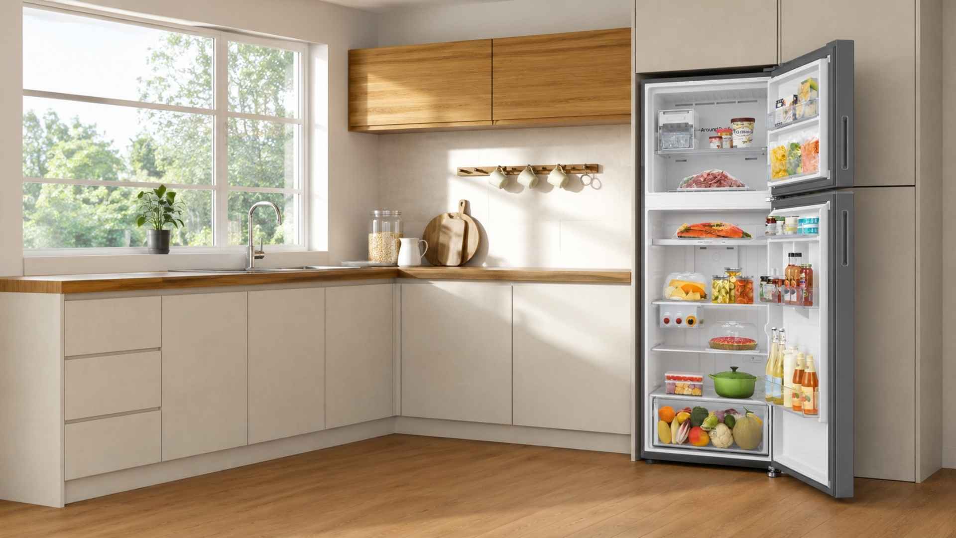 Visão geral da Geladeira Samsung RT42 411L aberta em um ambiente de cozinha moderna com armários planejados