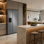 Geladeira Samsung Side by Side RS60 em aço inox instalada em uma cozinha planejada moderna com ilha central