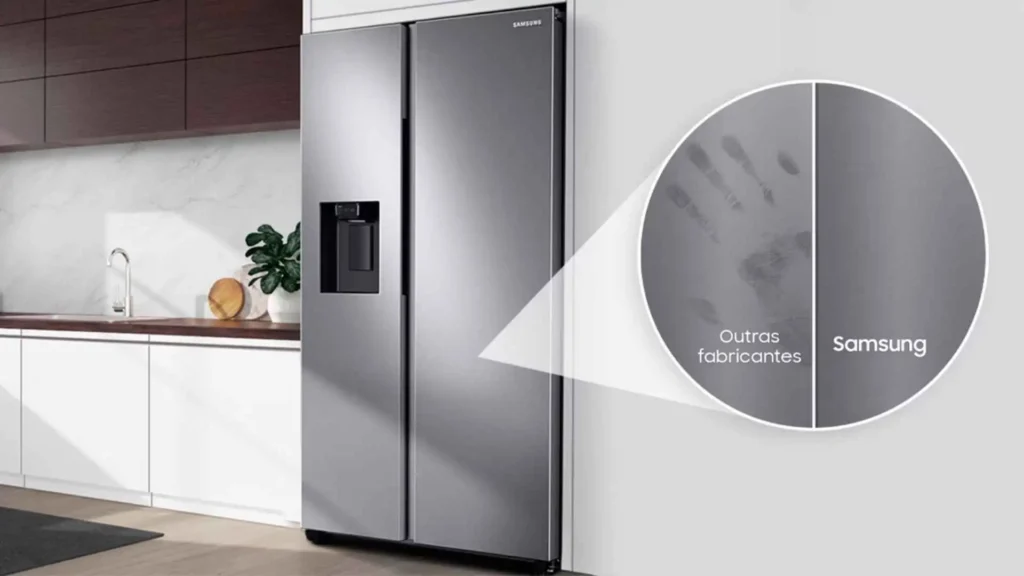 Close-up demonstrando a resistência a marcas de dedos no acabamento em aço inox da Geladeira Samsung Side by Side RS60