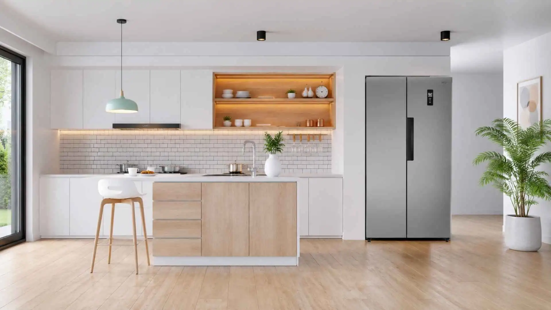 Geladeira Side by Side HQ 460 Litros cor inox em uma cozinha planejada moderna