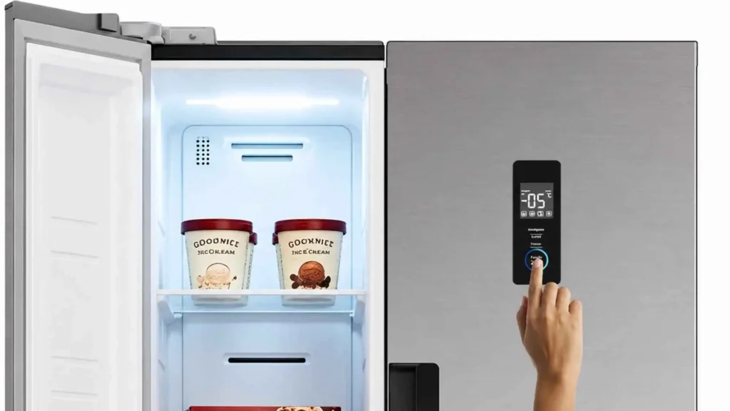 Detalhe do painel digital externo e da Função AI na Geladeira Side by Side HQ 460 Litros
