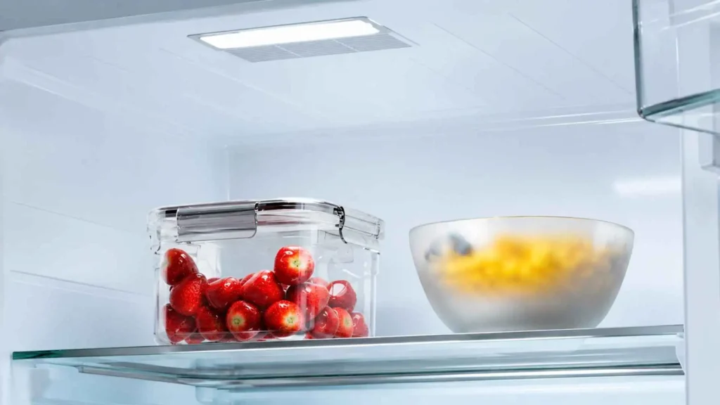 Vista interna das prateleiras de vidro e sistema de iluminação em LED da Geladeira Side by Side TCL 516L