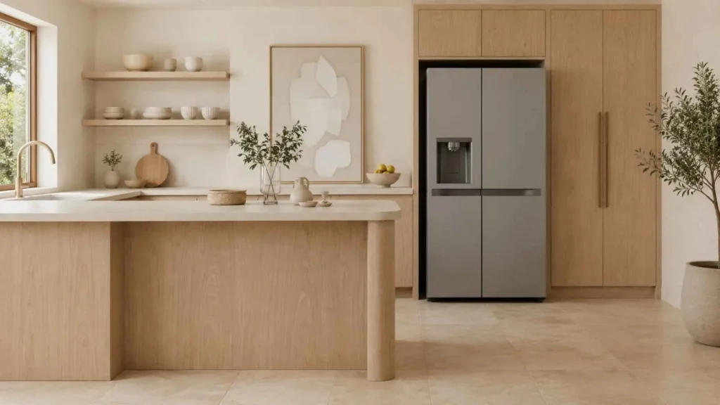Geladeira Smart LG Side by Side 638L em cozinha clara com armários em tom de madeira e ilha central