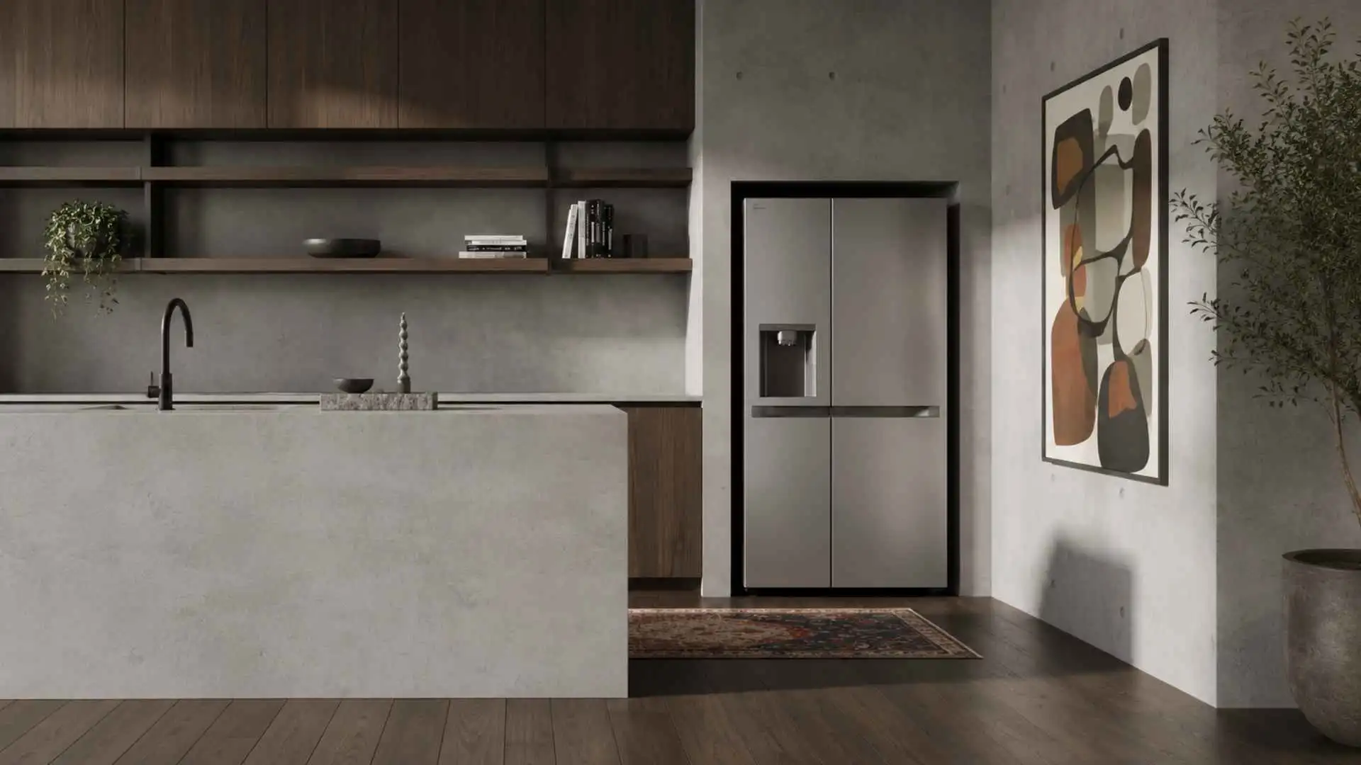 Geladeira Smart LG Side by Side 638L instalada em cozinha planejada moderna com ilha central escura