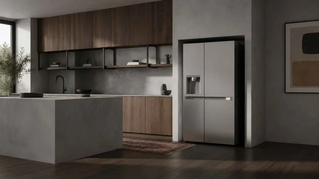 Geladeira Smart LG Side by Side 638L em acabamento Inox Look instalada em armário embutido cinza