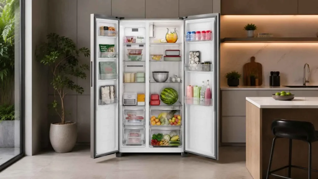Interior organizado da Geladeira Electrolux 435L IS4S aberta mostrando as prateleiras de vidro e gavetas do freezer e refrigerador