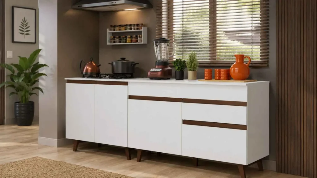 Kit com 2 Balcões de Cozinha Madesa Reims branco de 190cm montado em ambiente integrado