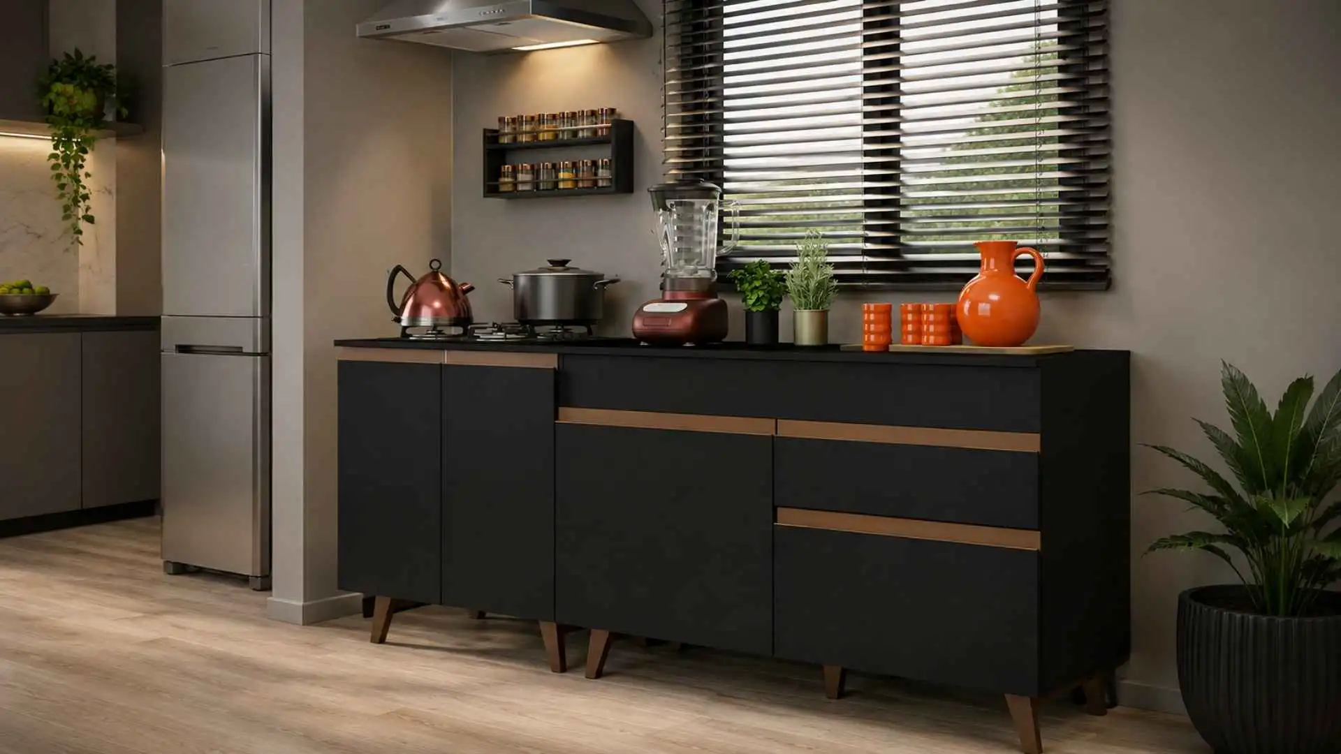 Kit com 2 Balcões de Cozinha Madesa Reims preto 4 portas e 1 gaveta com tampos inclusos